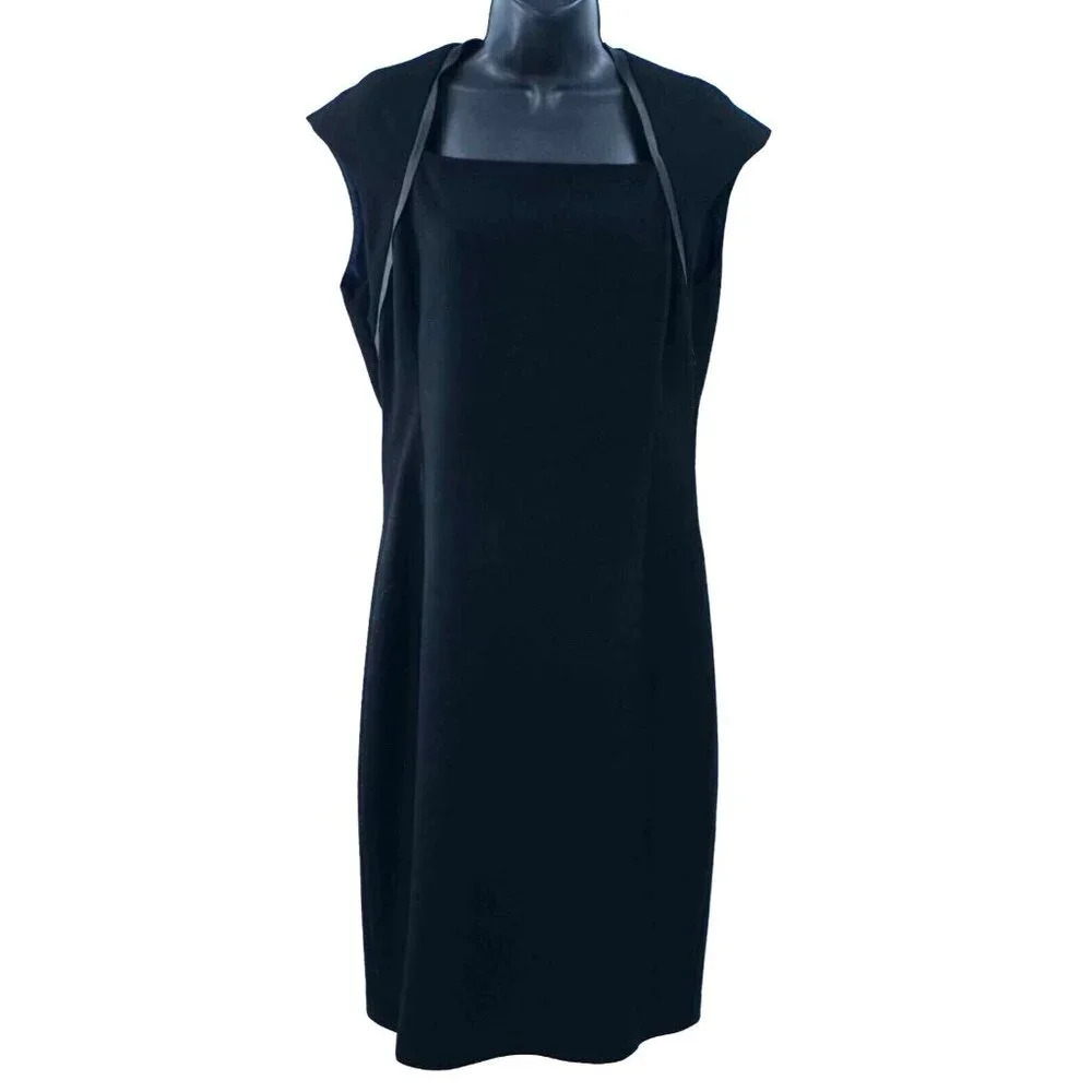Elie Tahari Sheath Dress Women 8 Black Wool Blend Leather Trim Zipper Elegant